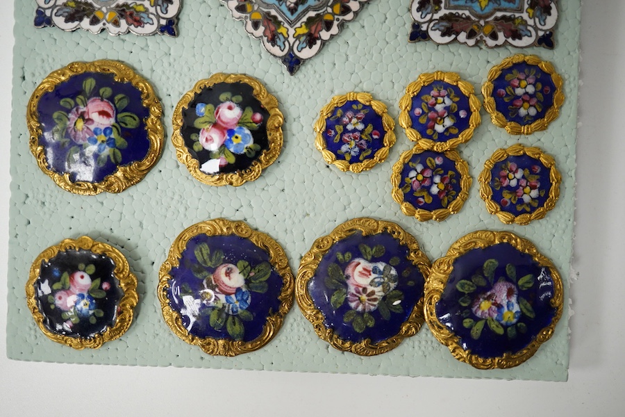 A group of nineteen, 19th century French enamelled gilt metal buttons, largest 29mm; Condition - good